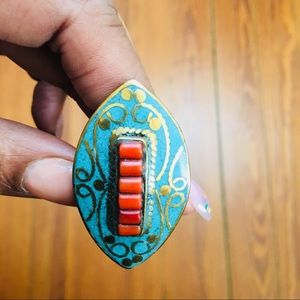Boho Gal Ring Turquoise Shield With Coral Accents